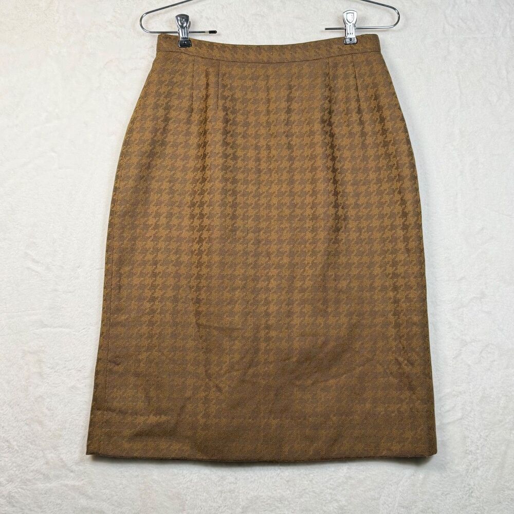 Sassco Wool Skirt Size 8 Brown Houndstooth Lined Midi Pencil Vintage